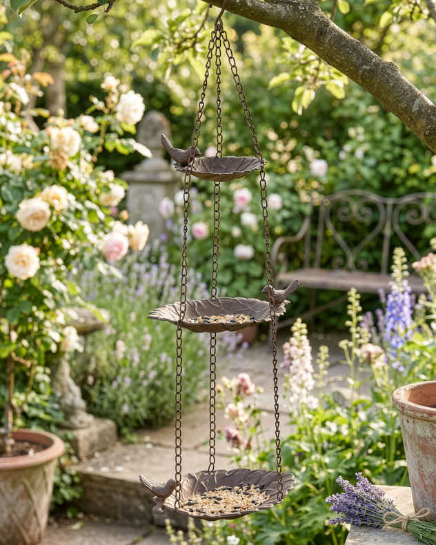Brown Recycled Iron Bird Feeders - 3 Tier Hanging Leaf Bird Feeder