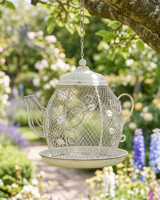 White Recycled Iron Bird Feeders - Hanging Teapot Bird Feeder