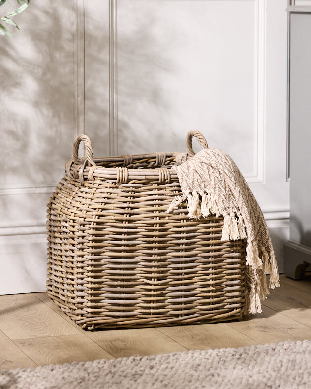 Natural Wicker Baskets - Rounded Square Basket with Handles