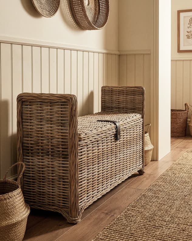 Single Natural &amp; Brown Wicker &amp; Wood &amp; Cotton Storage Baskets - Woven Bench and Storage Trunk