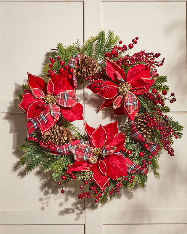 Red Tartan Poinsettia Wreath 58cm