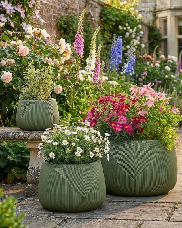 Small Green Fibre Clay Pots & Planters - Kalo Green Striped Planter Collection