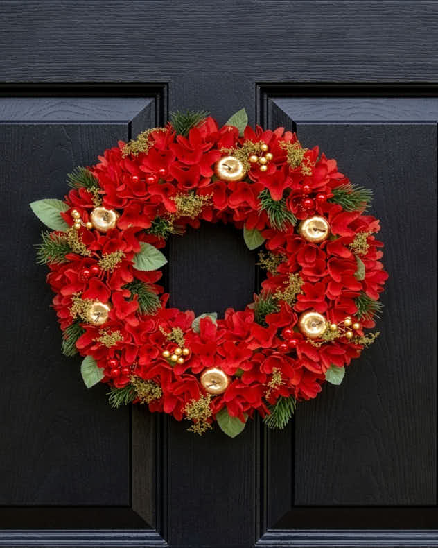 Red & Green & Gold Wood Wreaths - Grantham Floral Door Wreath 38cm