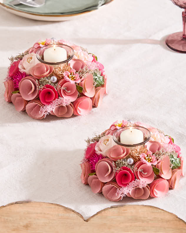 Pink &amp; White &amp; Green Wood &amp; Glass Candle Holders - S/2 Belford Floral Candle Holders