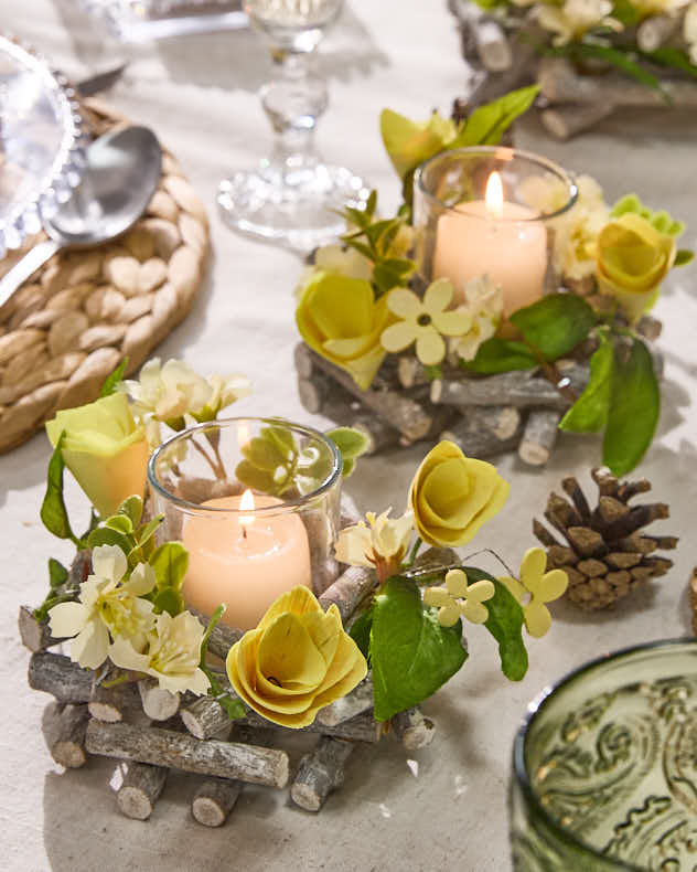 Yellow &amp; Green &amp; Grey Wood &amp; Glass Candle Holders - S/2 Hawthorn Floral Candle Holders