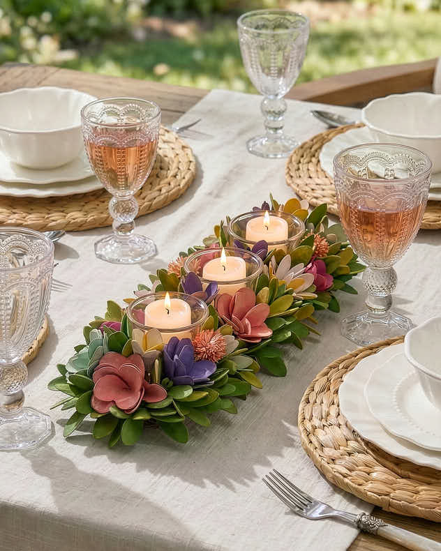 Green & Purple & Pink & White Wood & Glass Candle Holders - Camerton Triple Floral Candle Holders
