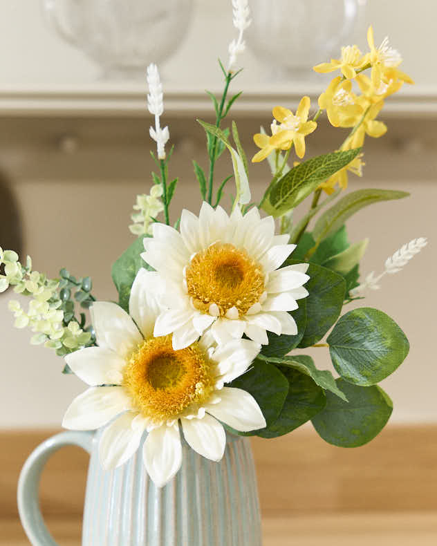 White & Yellow & Green Faux Flowers - Artificial Sunflower Spray