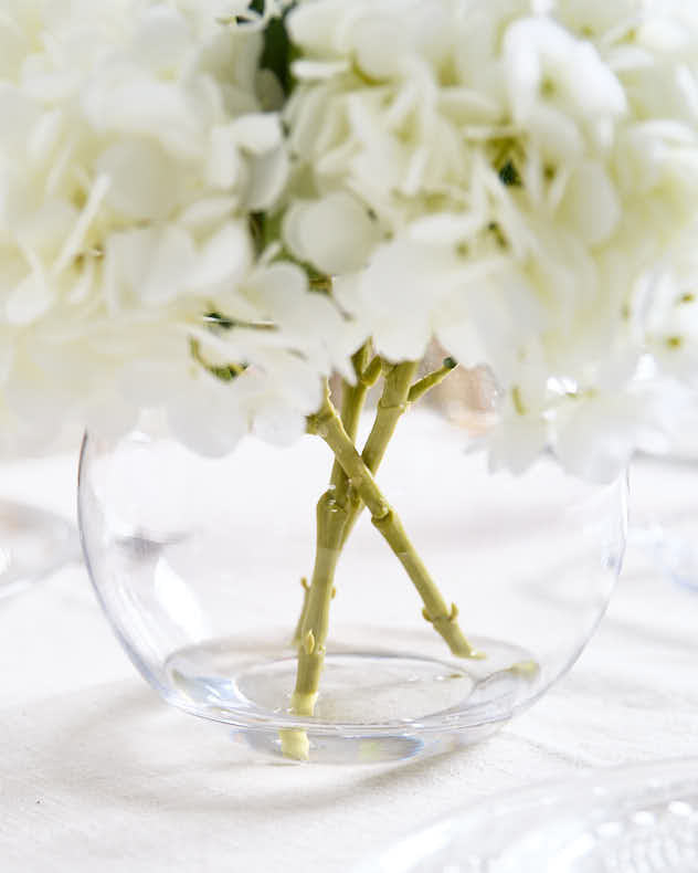 White Hydrangeas in Glass Globe Vase