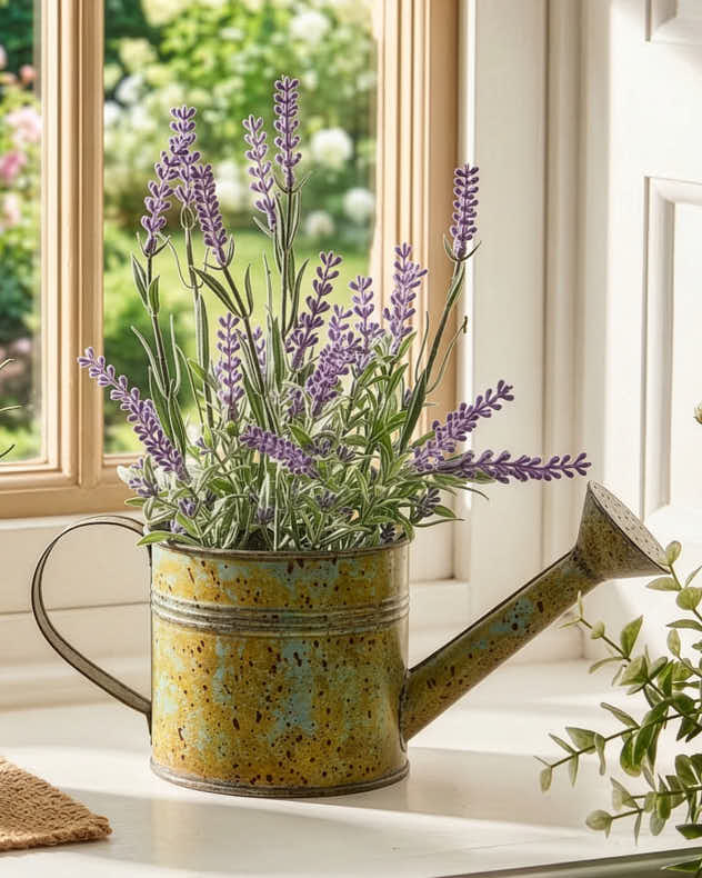 Multi-colour Plastic & Metal Faux Flowers - Lavender in Watering Can