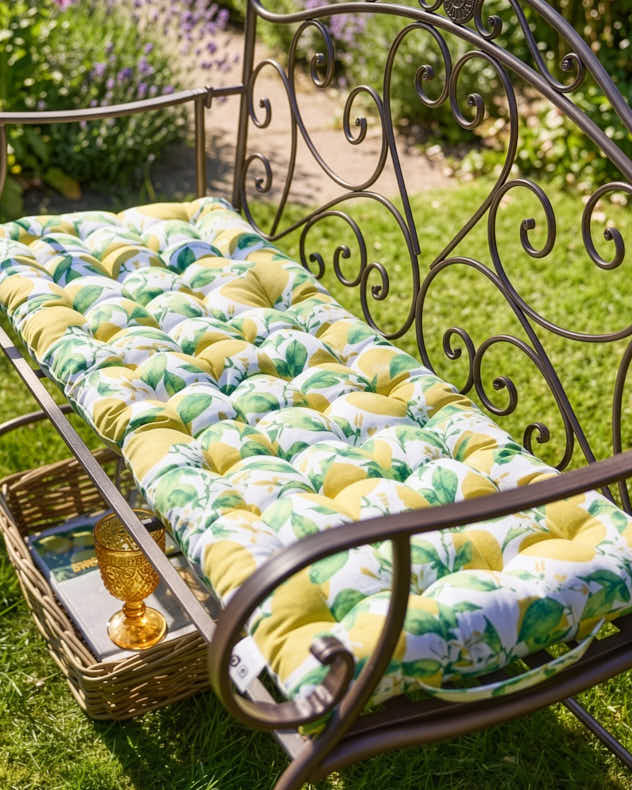 Yellow & Green & White 100% Cotton & Polyester Garden Bench Cushion - Lemon Patterned Bench Mattress