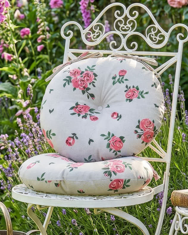 Pink & Brown & Green 100% Cotton & Polyester Seat Pads - Set of 2 Vintage Rose Round Garden Seat Pads