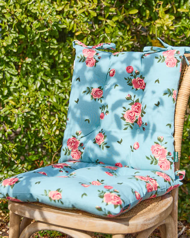 Blue & Pink & Green 100% Cotton & Polyester Seat Pads - Set of 2 Blue Rose Garden Seat Pads
