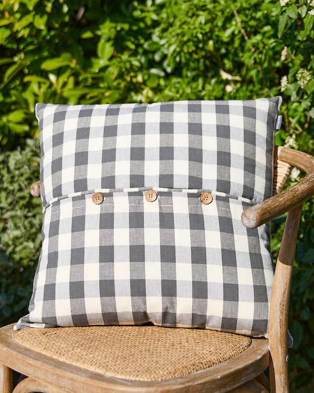 Grey & White 100% Cotton & Polyester Cushions - Grey Gingham Garden Cushion with Wooden Buttons