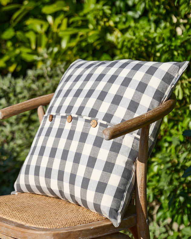 Grey Gingham Garden Cushion with Wooden Buttons