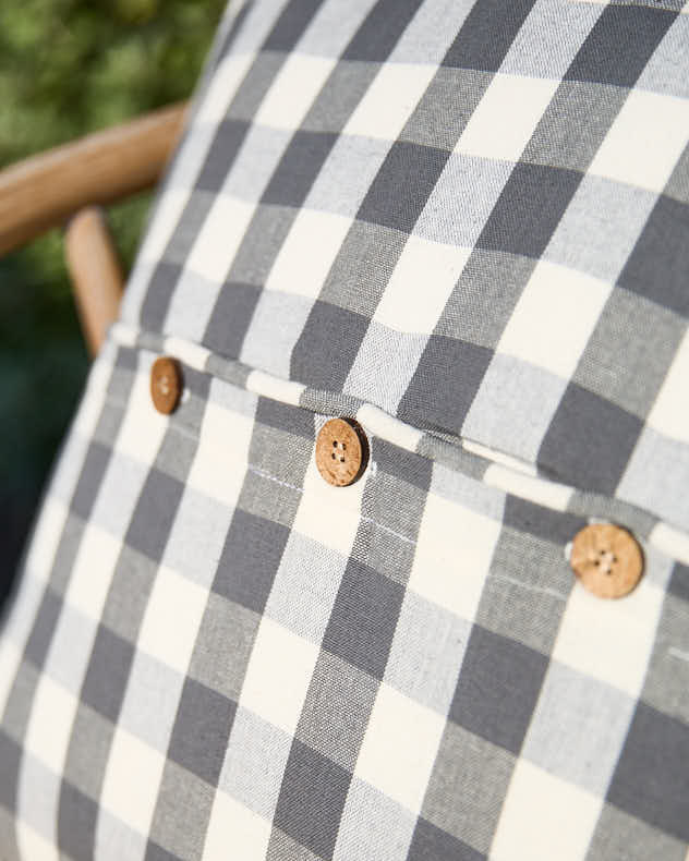 Grey Gingham Garden Cushion with Wooden Buttons