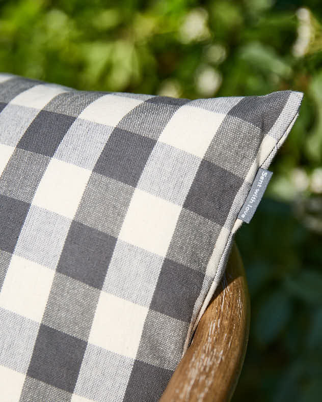 Grey Gingham Garden Cushion with Wooden Buttons