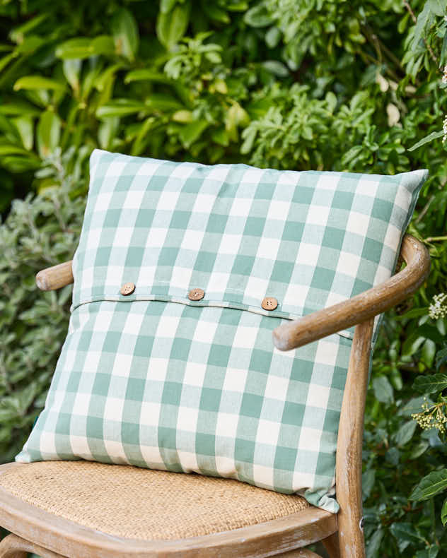 Cushions - Green Gingham Garden Cushion with Wooden Buttons