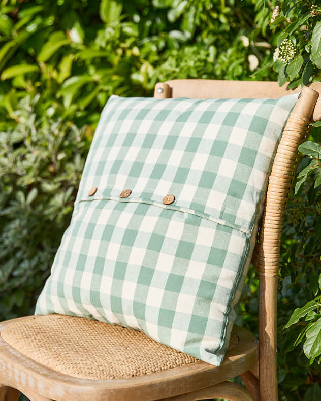 Cushions - Green Gingham Garden Cushion with Wooden Buttons