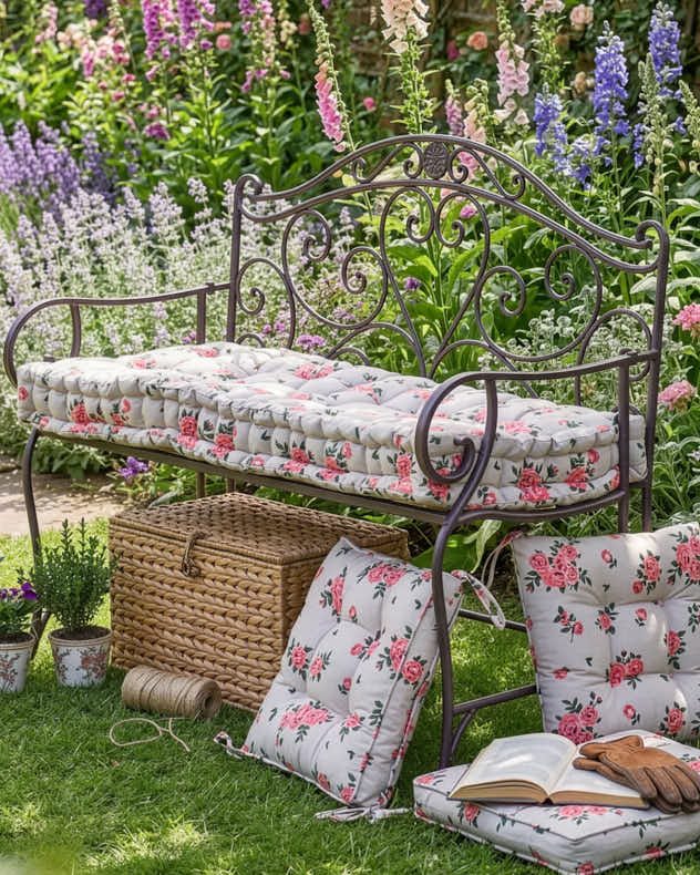 Bench Cushion Pink & Brown & Green 100% Cotton & Polyester Seat Pads - Vintage Rose Garden Cushion Collection