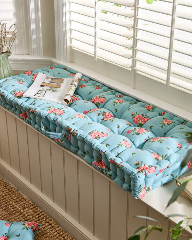 Blue & Pink & Green 100% Cotton & Polyester Bench Cushions - Blue Rose Indoor Bench Cushion