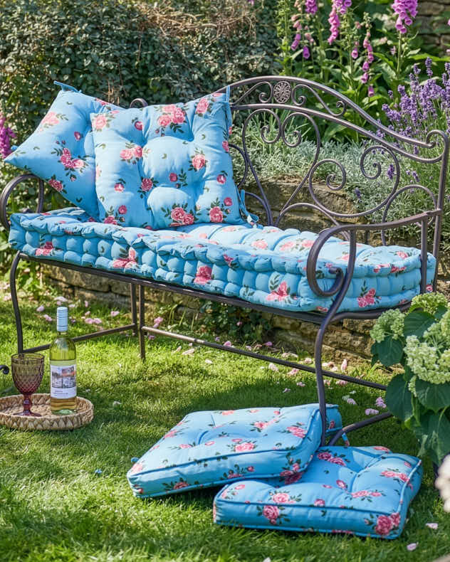 Bench Cushion Blue & Pink & Green 100% Cotton & Polyester Seat Pads - Blue Rose Garden Cushion Collection