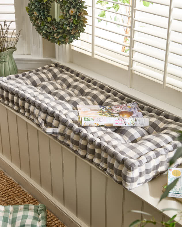 Grey &amp; White 100% Cotton &amp; Polyester Bench Cushions - Grey Gingham Indoor Bench Cushion