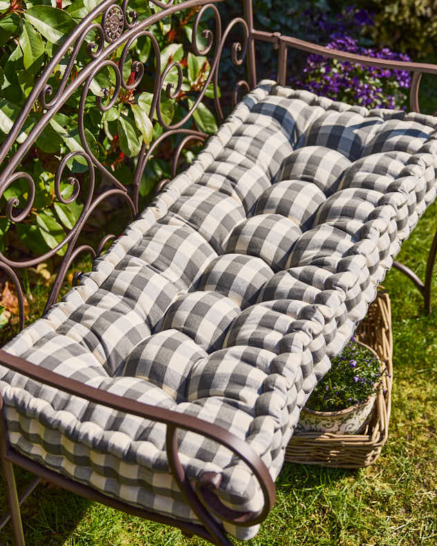Grey &amp; White 100% Cotton &amp; Polyester Garden Bench Cushion - Grey Gingham Garden Bench Cushion