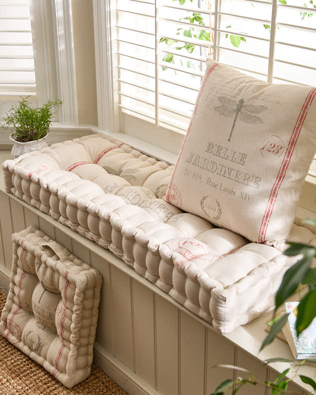 Bench Cushion Natural & Grey & Red 100% Cotton & Polyester Seat Pads - Belle Jardinere Red Indoor Cushions
