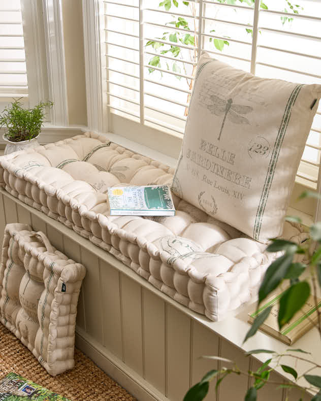 Bench Cushion Natural & Grey & Green 100% Cotton & Polyester Seat Pads - Belle Jardinere Green Indoor Cushions