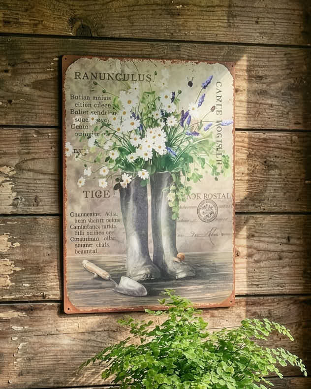 Multi-colour Metal Garden Accessories - Distressed Metal Wellington Boots Garden Sign