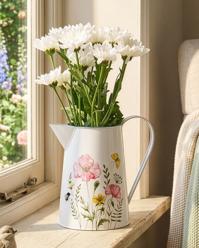 White Metal Vases - Cornflower Pitcher Jug Vase