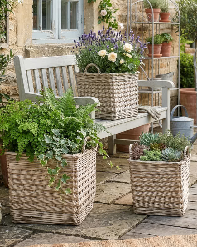Natural Wicker & Plastic Pots & Planters - Set of 3 Basket Planters with Handles