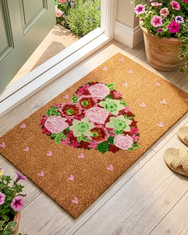 Brown & Pink & Red & Green Coconut & PVC Doormats - Love Heart Floral Door Mat