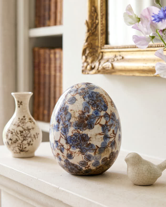 Blue Ceramic Ornaments - Floral Egg Ornament