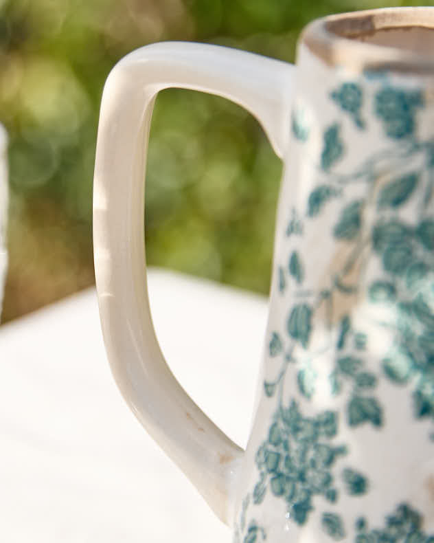 Vintage Teal Floral Ceramic Pitcher