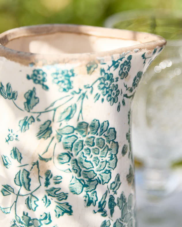 Vintage Teal Floral Ceramic Pitcher
