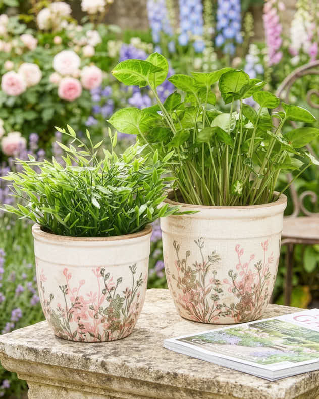Large White & Pink Ceramic Pots & Planters - Spring Wildflowers Planter