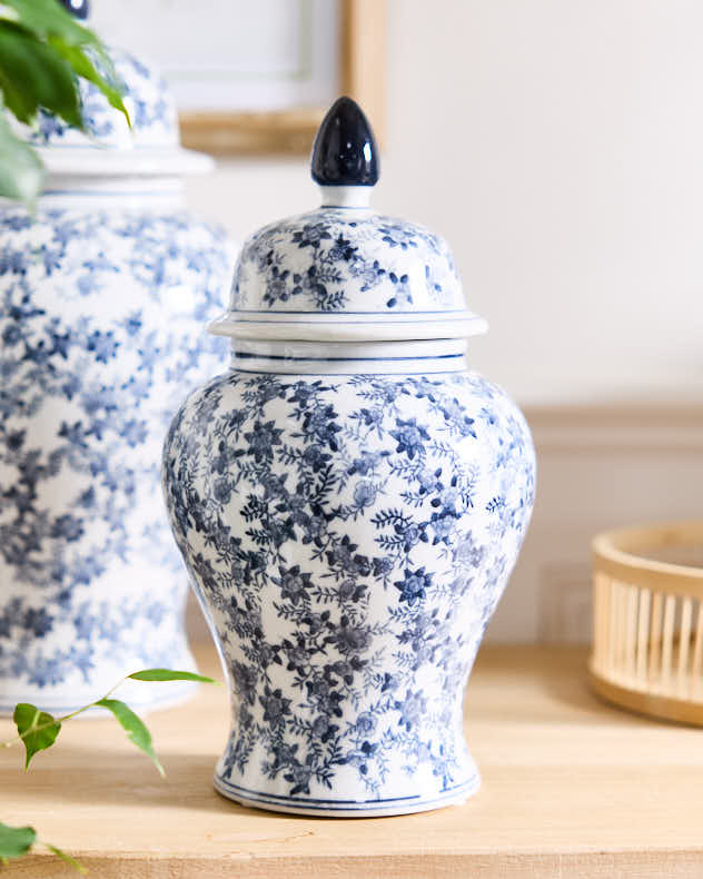 Lidded Floral Print Urn Vase