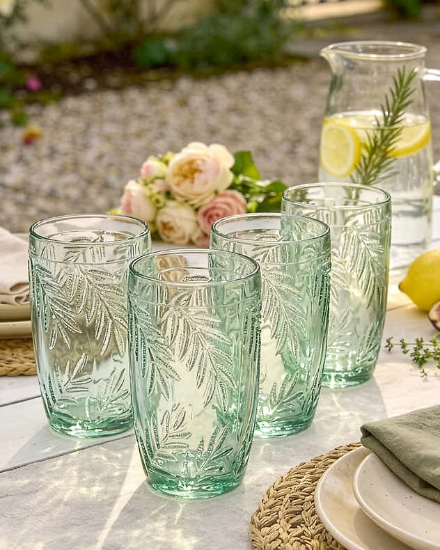 Set of 2 Green Glass Tumblers - Laurier Leaf Set of Tall Tumblers