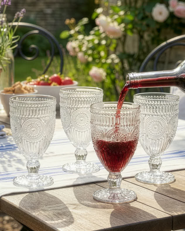 Set of 2 Clear Glass Wine Glasses - Palmas Embossed Glass Wine Goblets