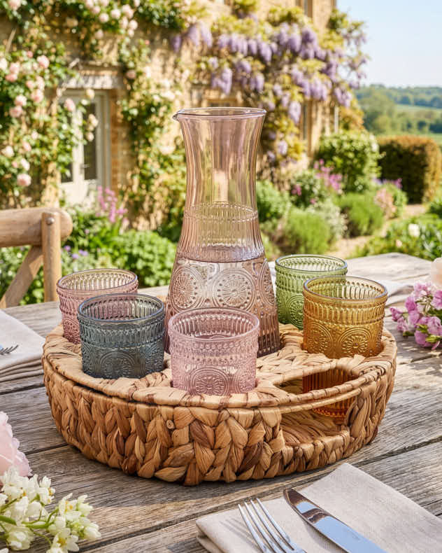 Multi-colour & Natural Glass & Water Hyacinth Tumblers - Carafe and Tumblers in Woven Holder