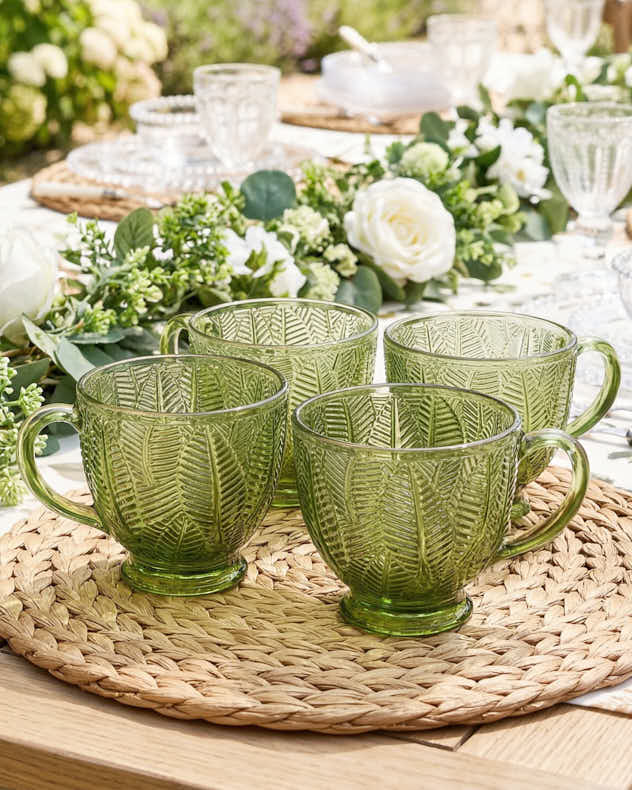 Single Green Glass Mugs &amp; Coffee Cups - Botanical Green Leaves Cup