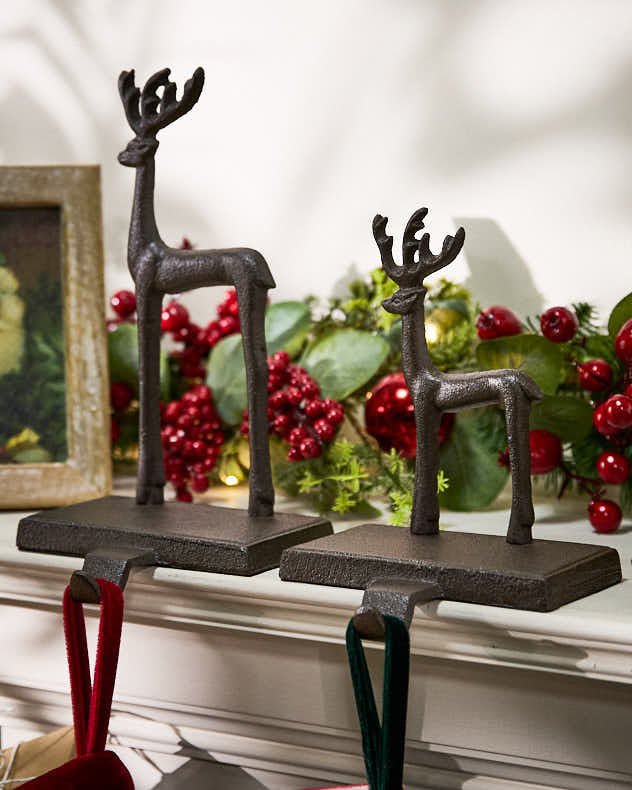 Brown Cast Iron Stocking Holders - Set of 2 Reindeer Stocking Holders