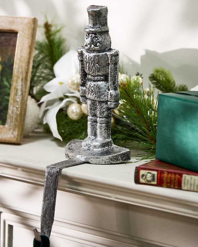 Silver Cast Iron Stocking Holders - Silver Nutcracker Stocking Holder