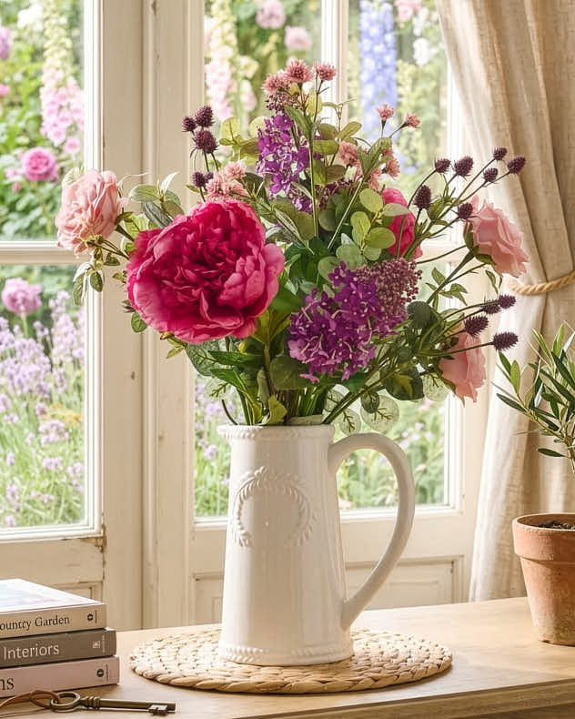 White & Purple & Pink Ceramic Faux Flowers - Artificial Blooms in Jug Vase