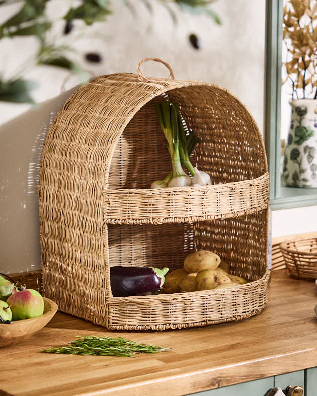 Natural Rattan Storage Baskets - Round 2 Tier Storage Basket Rack