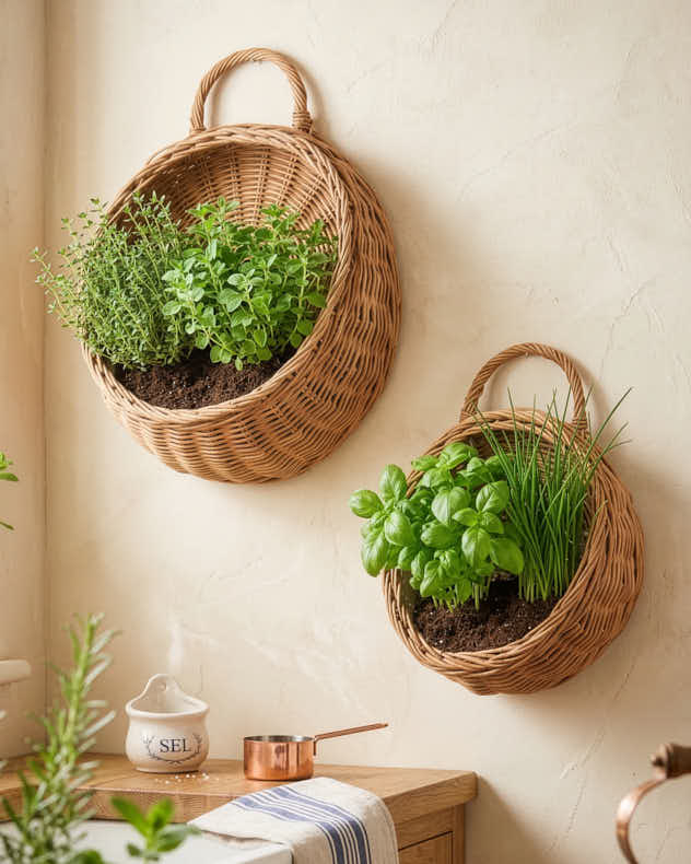Natural Rattan Pots &amp; Planters - Set of 2 Round Wall Hanging Baskets