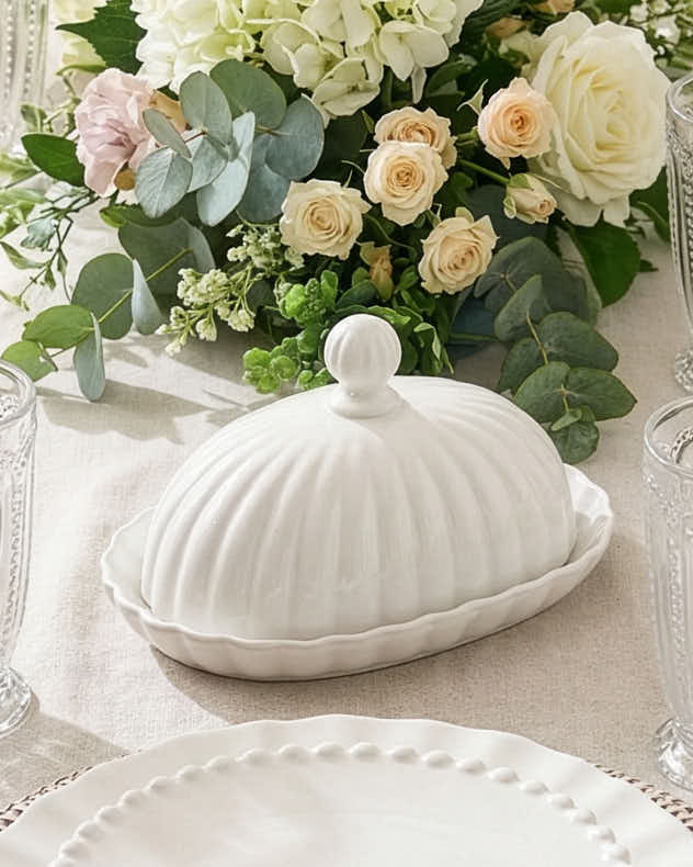 Kitchen Accessories - White Scalloped Butter Dish