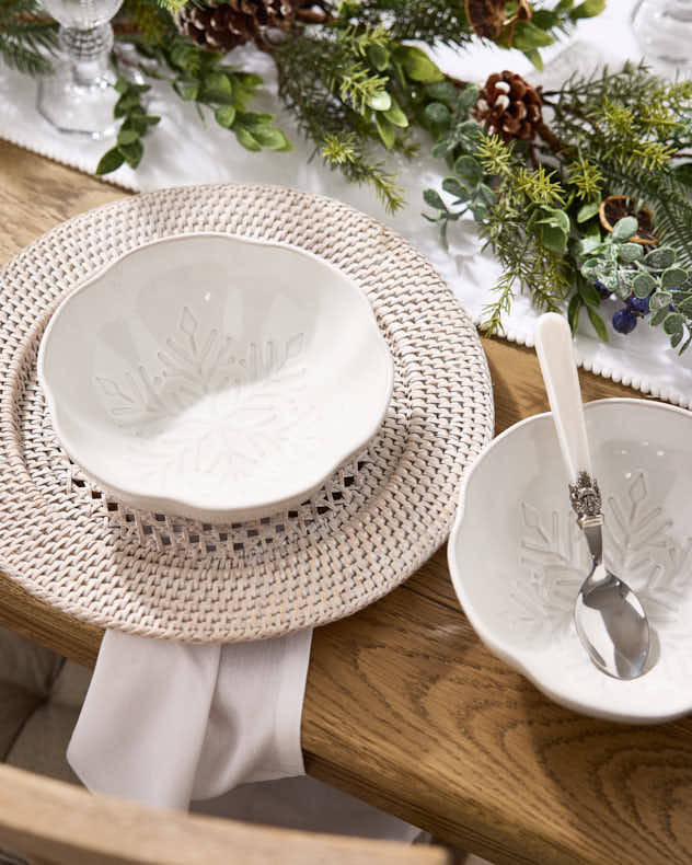 White Ceramic Bowls - Set of 2 White Snowflake Bowls