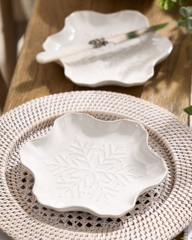 White Ceramic Plates - Set of 2 White Snowflake Side Plates